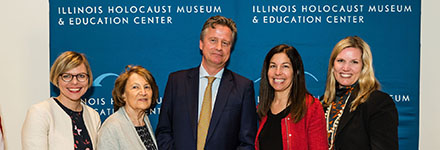 Eva Berendsen, Anne Frank Educational Centre; Fritzie Fritzshall, Holocaust survivor and Illinois Holocaust Museum president; Philipp Mohr, William Blair partner; Susan Abrams, CEO of Illinois Holocaust Museum; and Laura Coy, William Blair director of philanthropy strategy