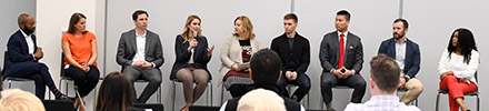 Panelists Kwesi Smith, Erika Hullinger, Spencer Crawford, Maggie Nolan, Sharon Zackfia, Ignas Grabauskas, Lee Charles, Joe Leibold, and Kerry Wilkins