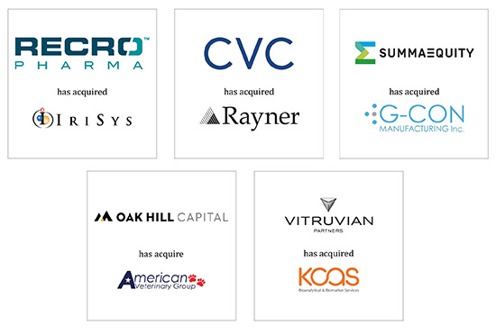 Tombstones for these transactions: Recro Pharma/IriSys, CVC/Rayner, SummaEquity/G-Con Manufacturing, Oak Hill Capital/Technimark, Livingbridge/Everlight Radiology, and Vitruvian/Koas