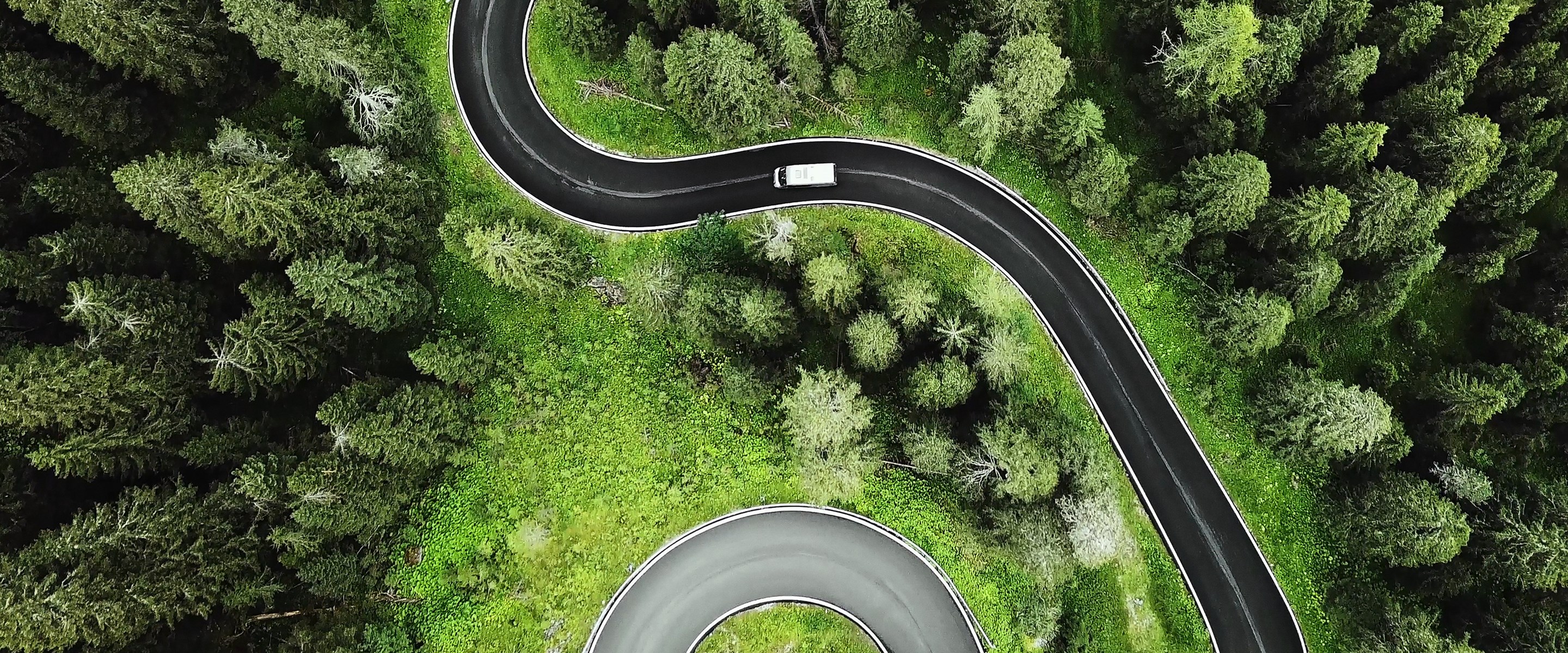 Aerial view of a windy road through the woods