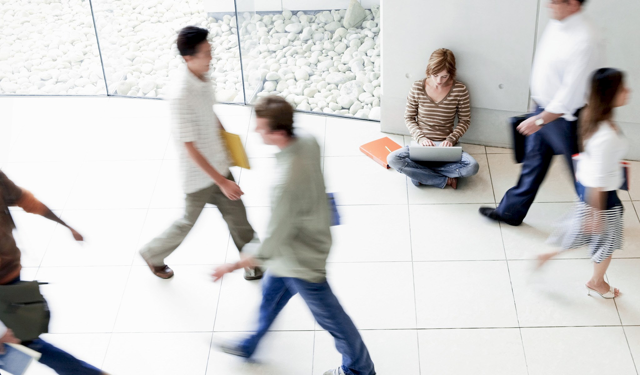 College kids in a hallway