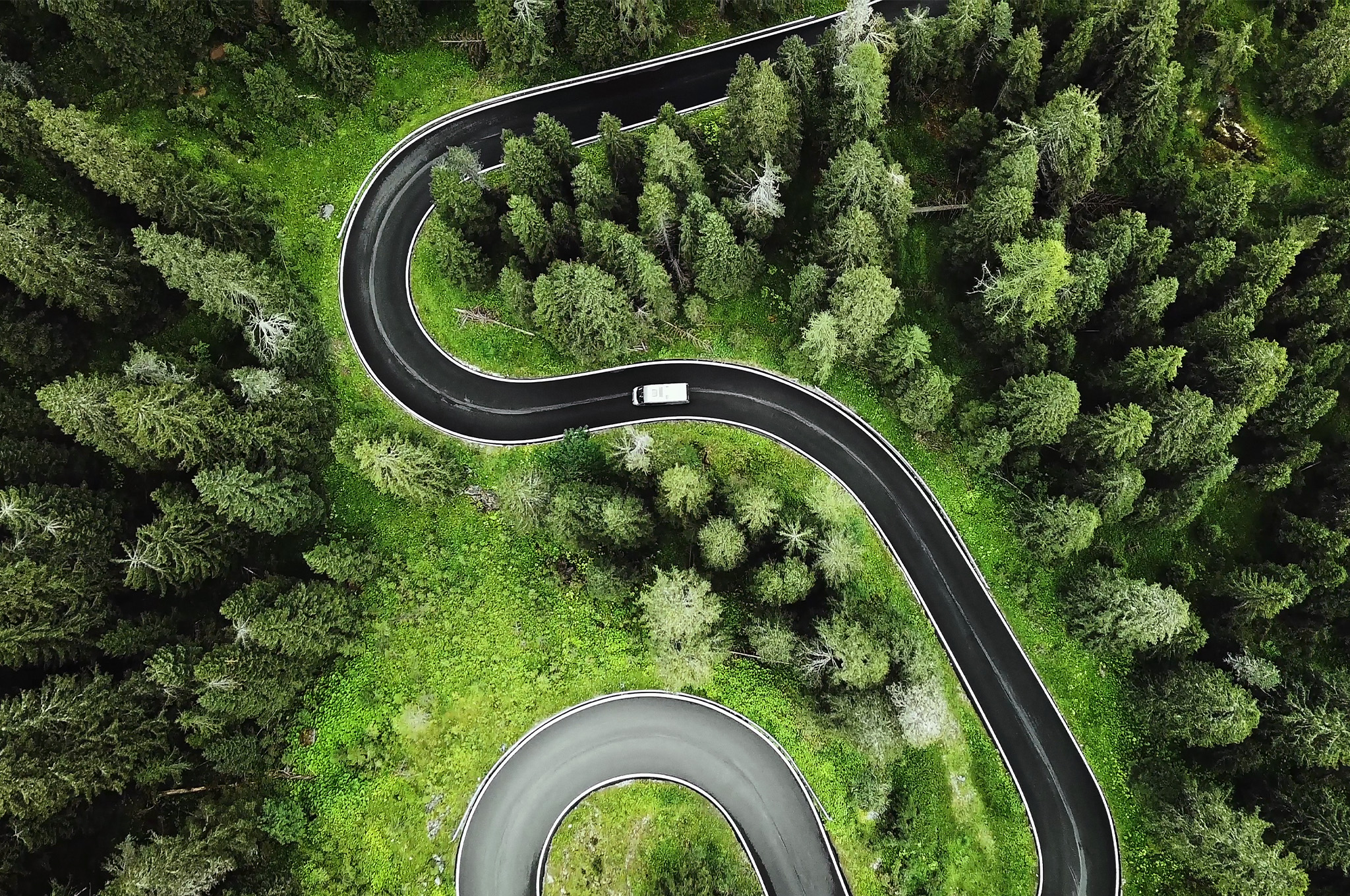 Aerial view of a curvy road in the woods