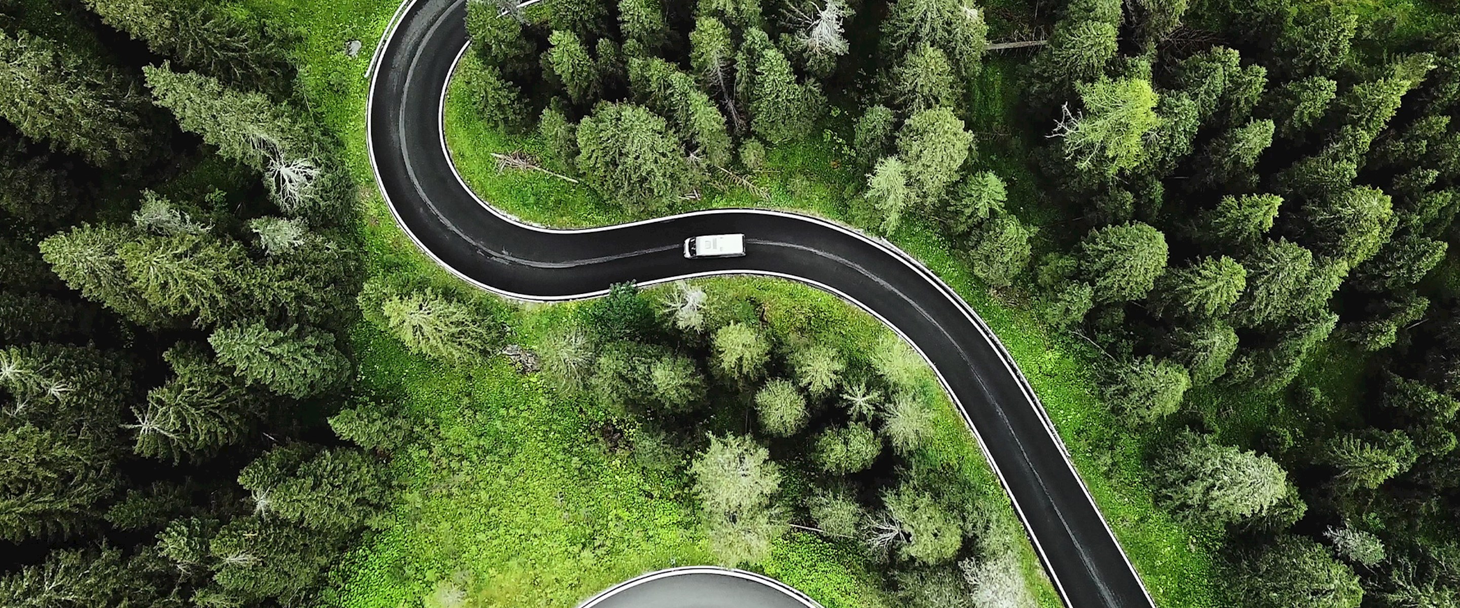Aerial view of a curvy road in the woods