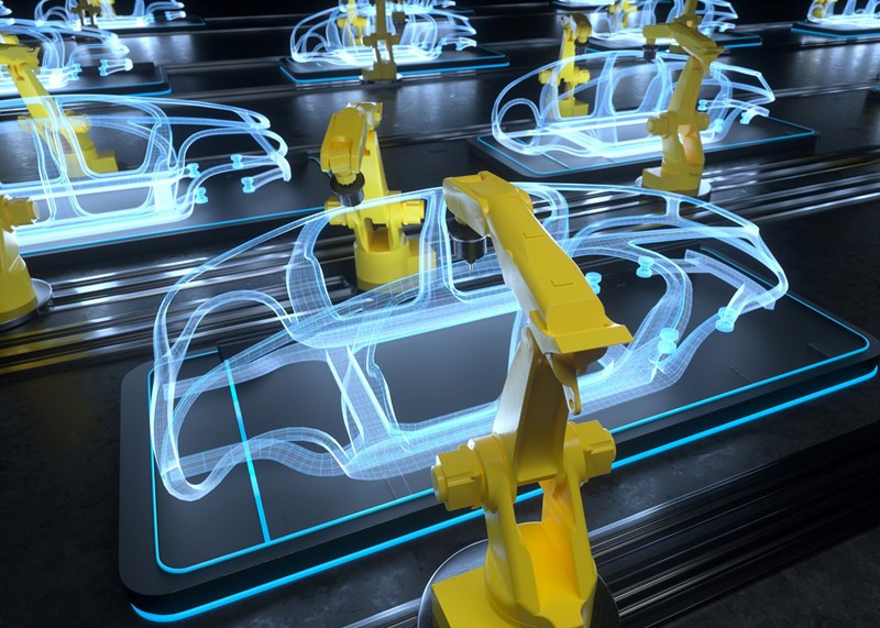Futuristic car manufacturing line