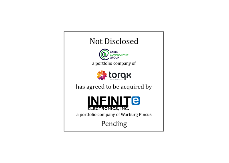 Not Disclosed | Cable Connectivity Group (logo), a portfolio company of Torqx Capital Partners (logo), has agreed to be acquired by Infinite Electronics (logo), a portfolio company of Warburg Pincus | Pending