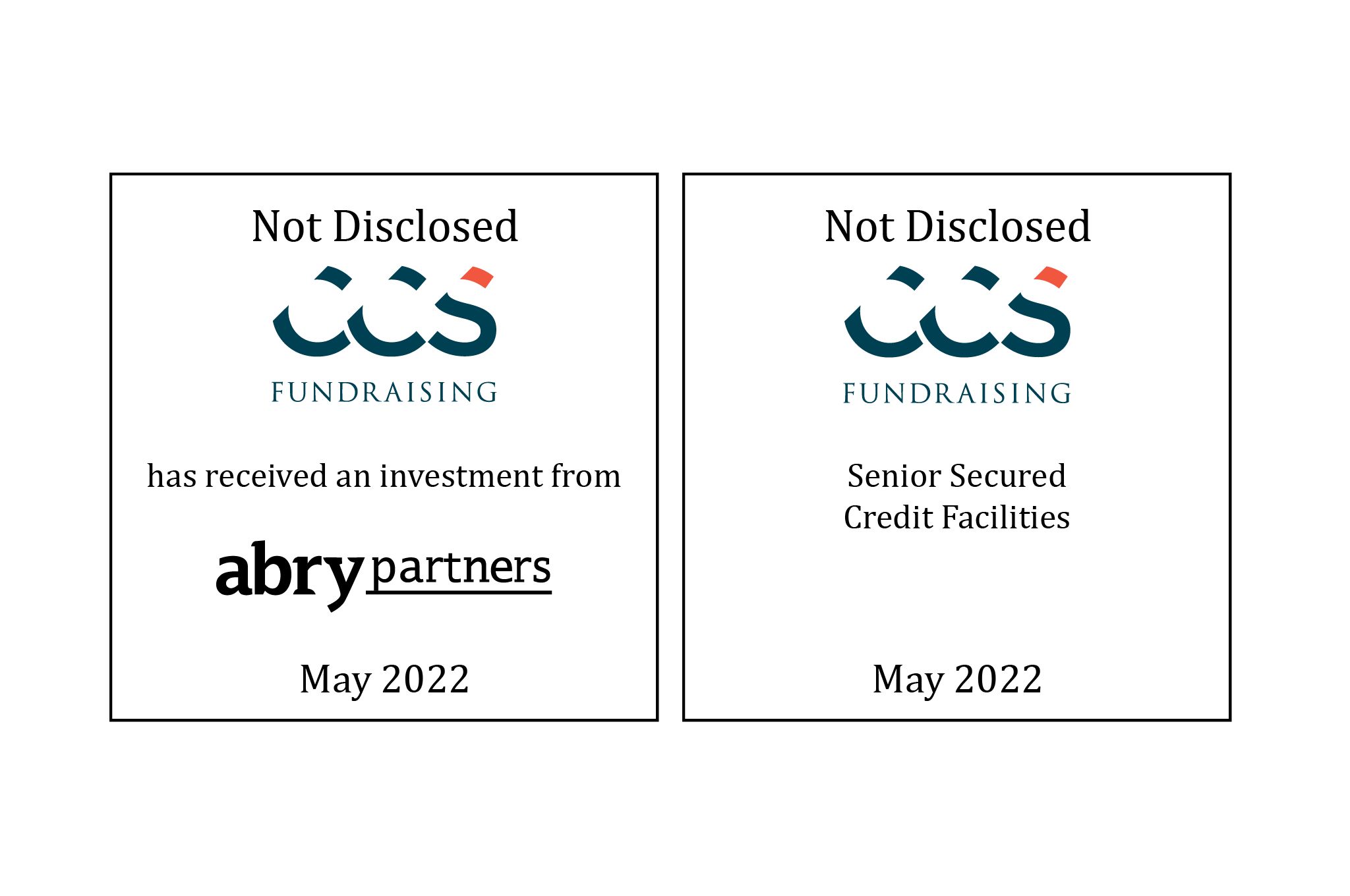 Two tombstones: CCS Fundraising (logo) has received an investment from Abry Partners (logo); and CCS Fundraising (logo) Senior Secured Credit Facilities