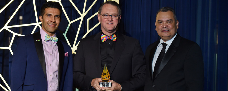 William Blair CEO Brent Gledhill (center) with Center on Halsted Board Officer Krishna Ramachadran (left) and CEO Modesto “Tico” Valle (right) at the Human First gala. Photo Credit: Center on Halsted