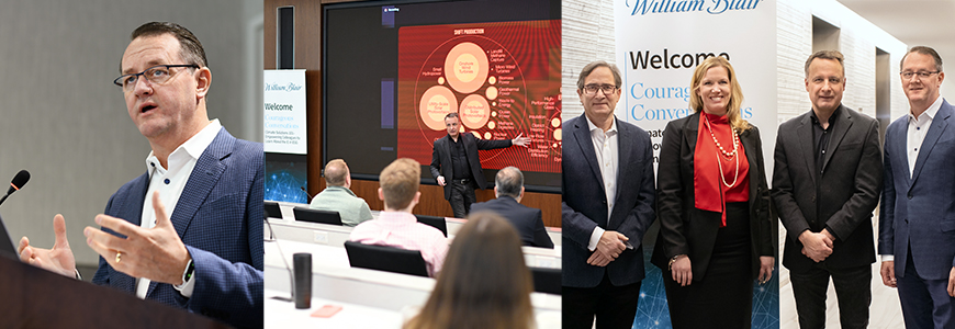 From left, William Blair CEO Brent Gledhill, featured speaker Dr. Jonathan Foley, William Blair Chairman John Ettelson, Laura Coy, head of William Blair ESG integration, Foley, Gledhill