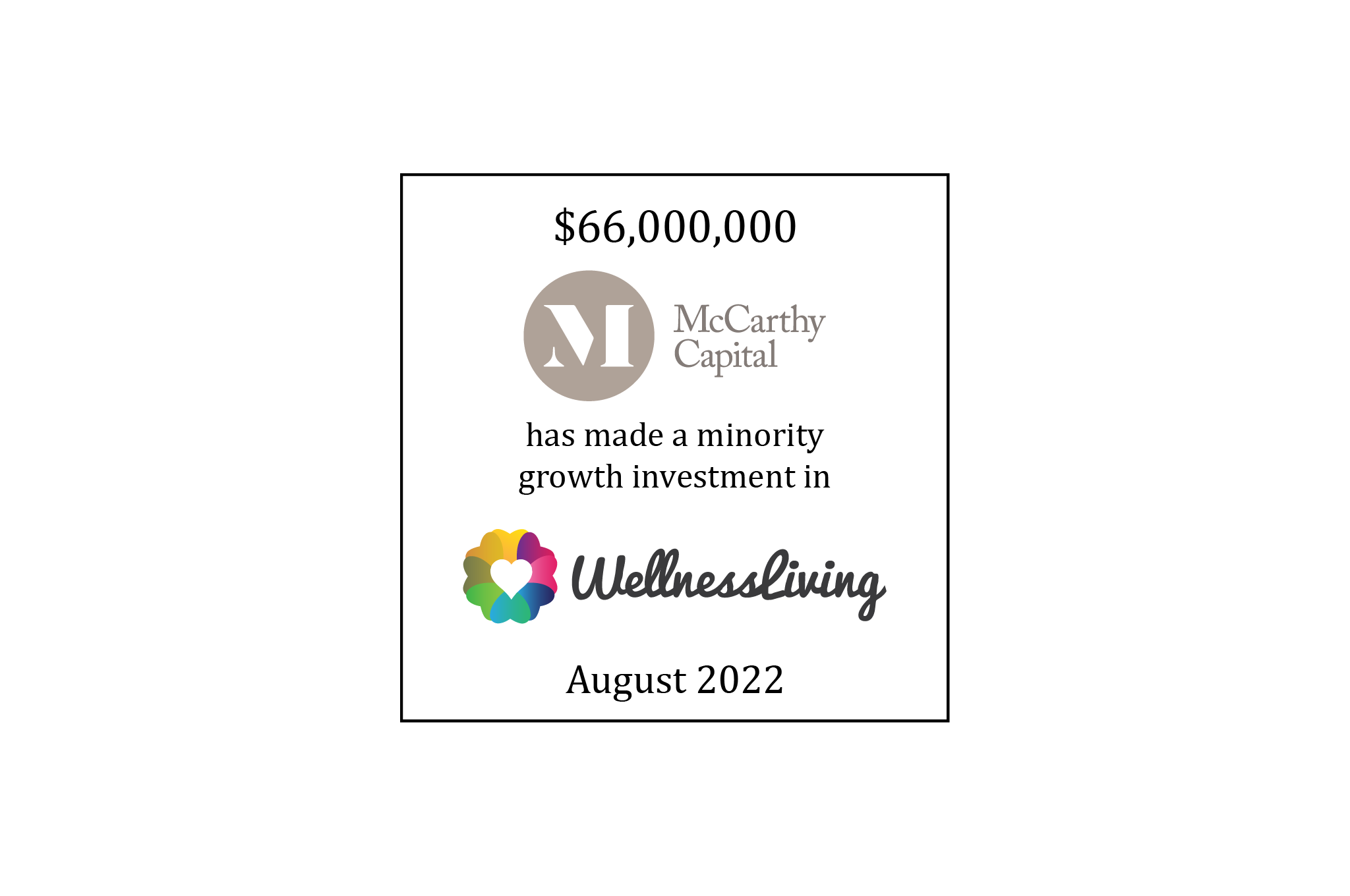 $46,000,000 | McCarthy Capital (logo) has made a Minority Growth Investment in WellnessLiving (logo) | August 2022