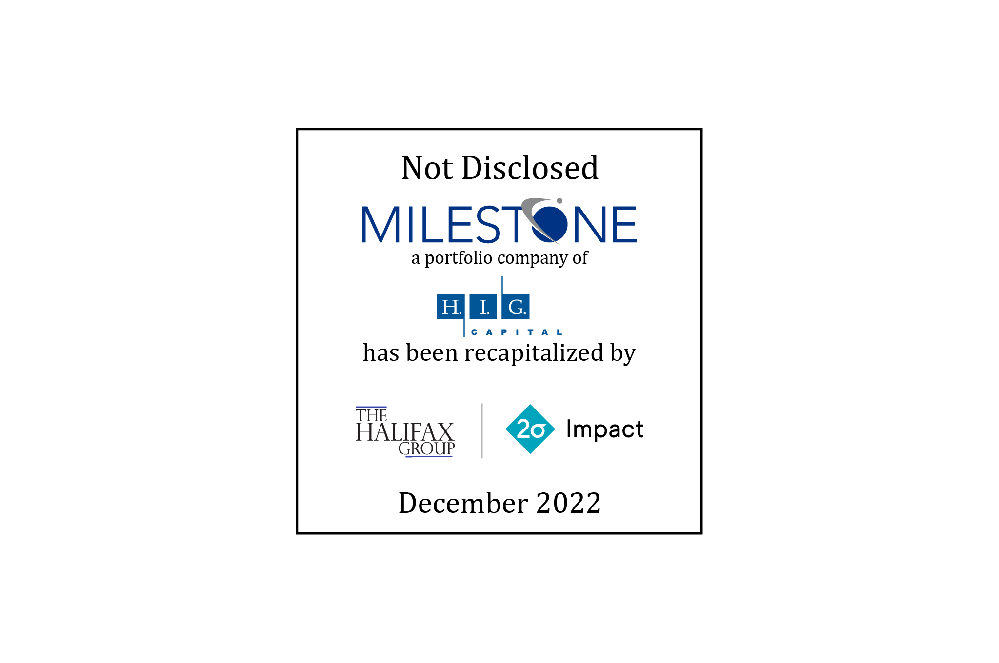 Not Disclosed | Milestone Technologies (logo), a portfolio company of H.I.G. Capital,  Has Been Recapitalized by The Halifax Group (logo) and Two Sigma Impact (logo) | December 2022