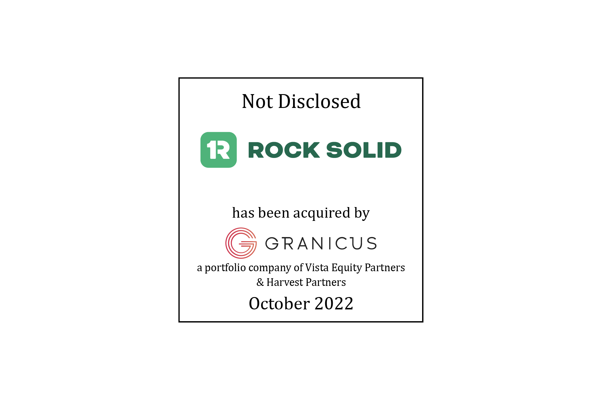 Not Disclosed | Rock Solid (logo) Has Been Acquired by Granicus (logo), a portfolio company of Vista Equity Partners and Harvest Partners | October 2022  