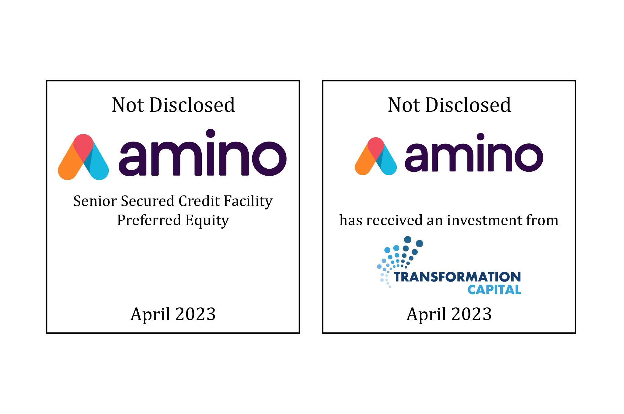 Amino Senior Secured Credit Facility Preferred Equity tombstone and Amino/Transformation Capital tombstone
