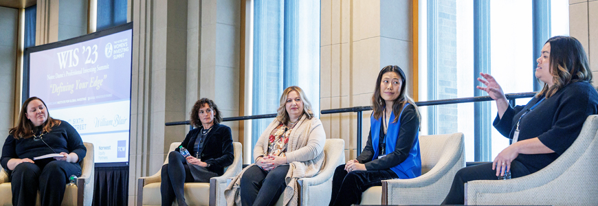 Participants on the public equity panel including William Blair’s Sharon Zackfia (center).