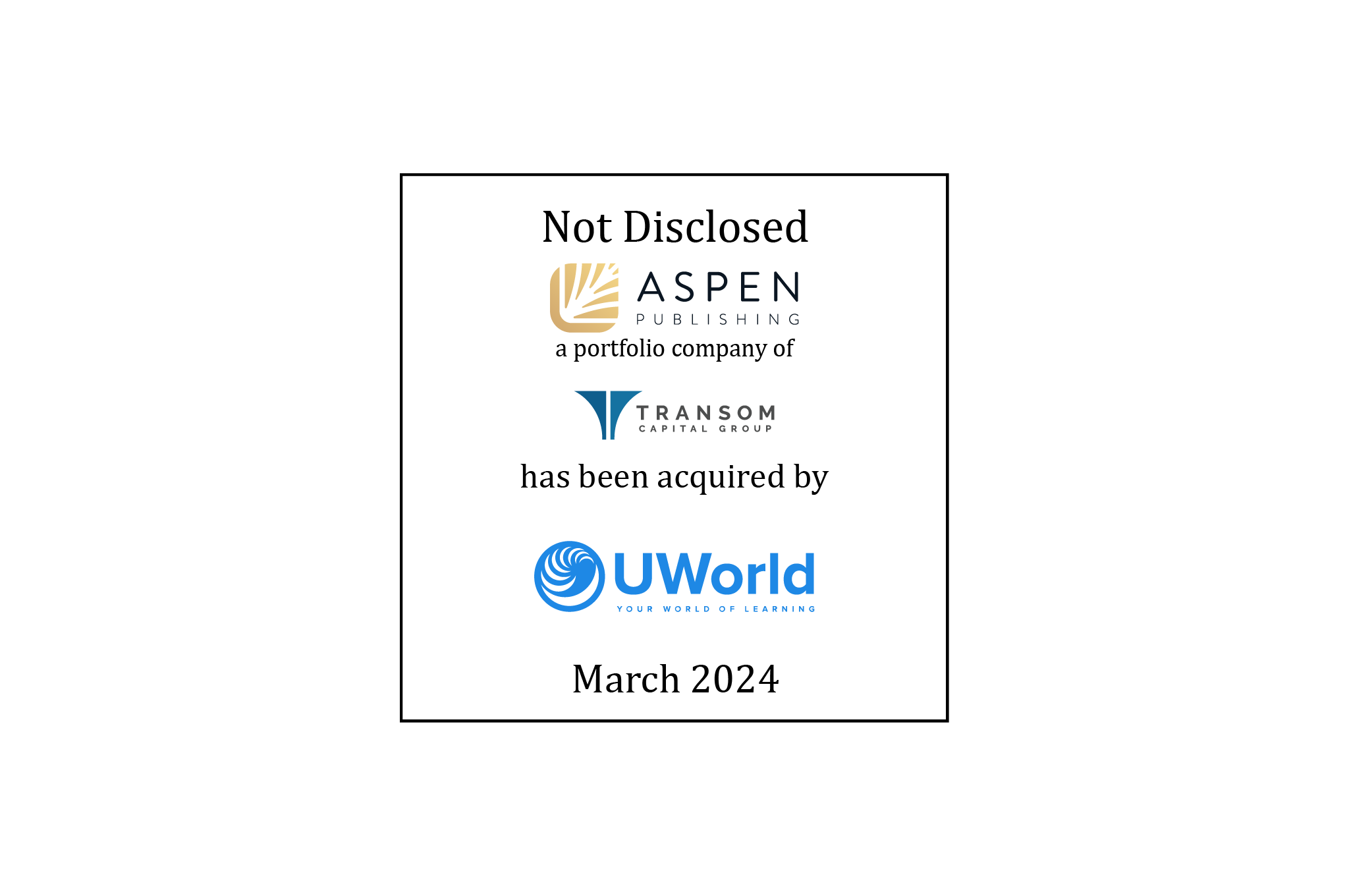 Amount Not Disclosed | Aspen Publishing (logo), a portfolio company of Transom Capital Group (logo), has been acquired by UWorld (logo) | March 2024