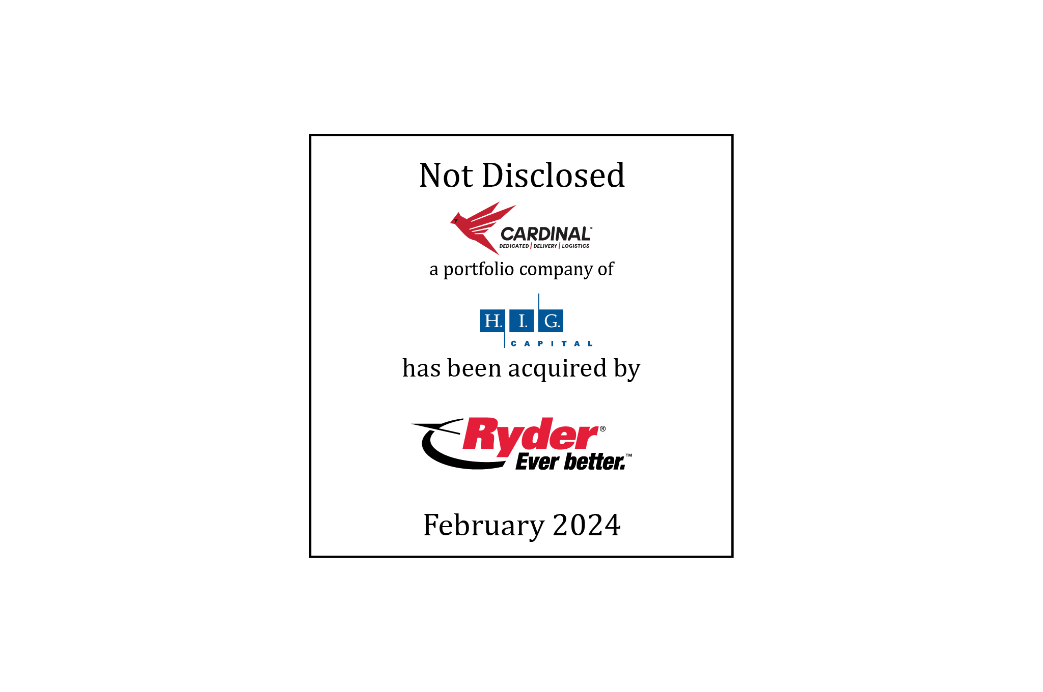 Not Disclosed | Cardinal Logistics (logo), a portfolio company of H.I.G. Capital (logo), has been acquired by Ryder System (logo) | February 2024