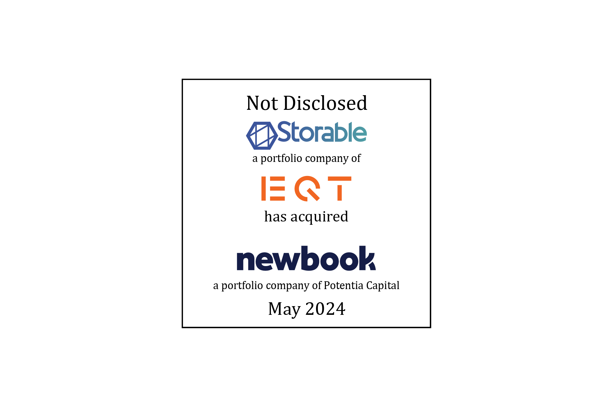 Not Disclosed | Storable, Inc. (logo), a portfolio company of EQT (logo), has acquired Newbook (logo), a portfolio company of Potentia Capital | May 2024