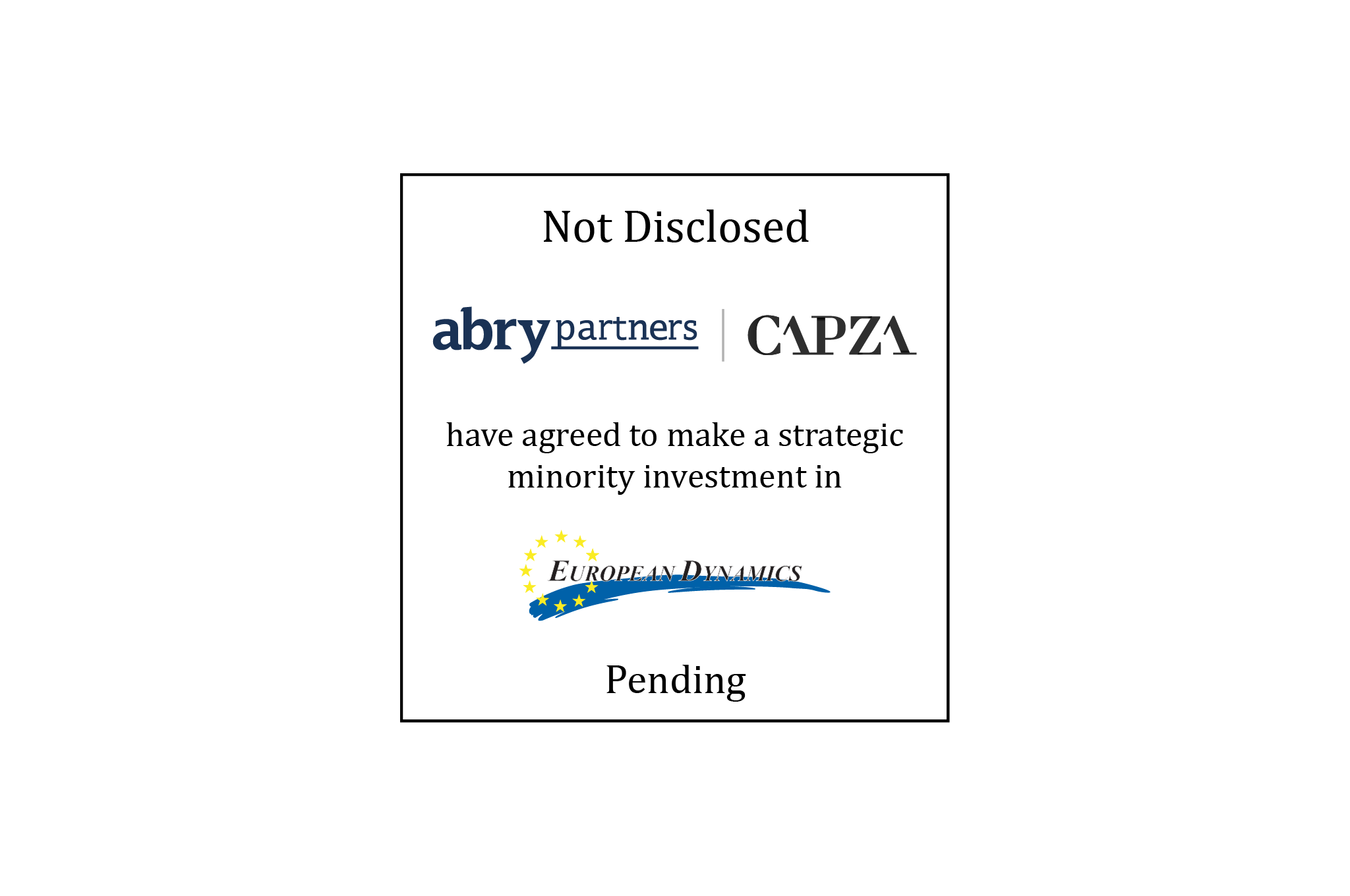 Tombstone: Not Disclosed | Abry Partners (logo) and CAPZA (logo) have agreed to make a strategic minority investment in European Dynamics (logo) | Pending