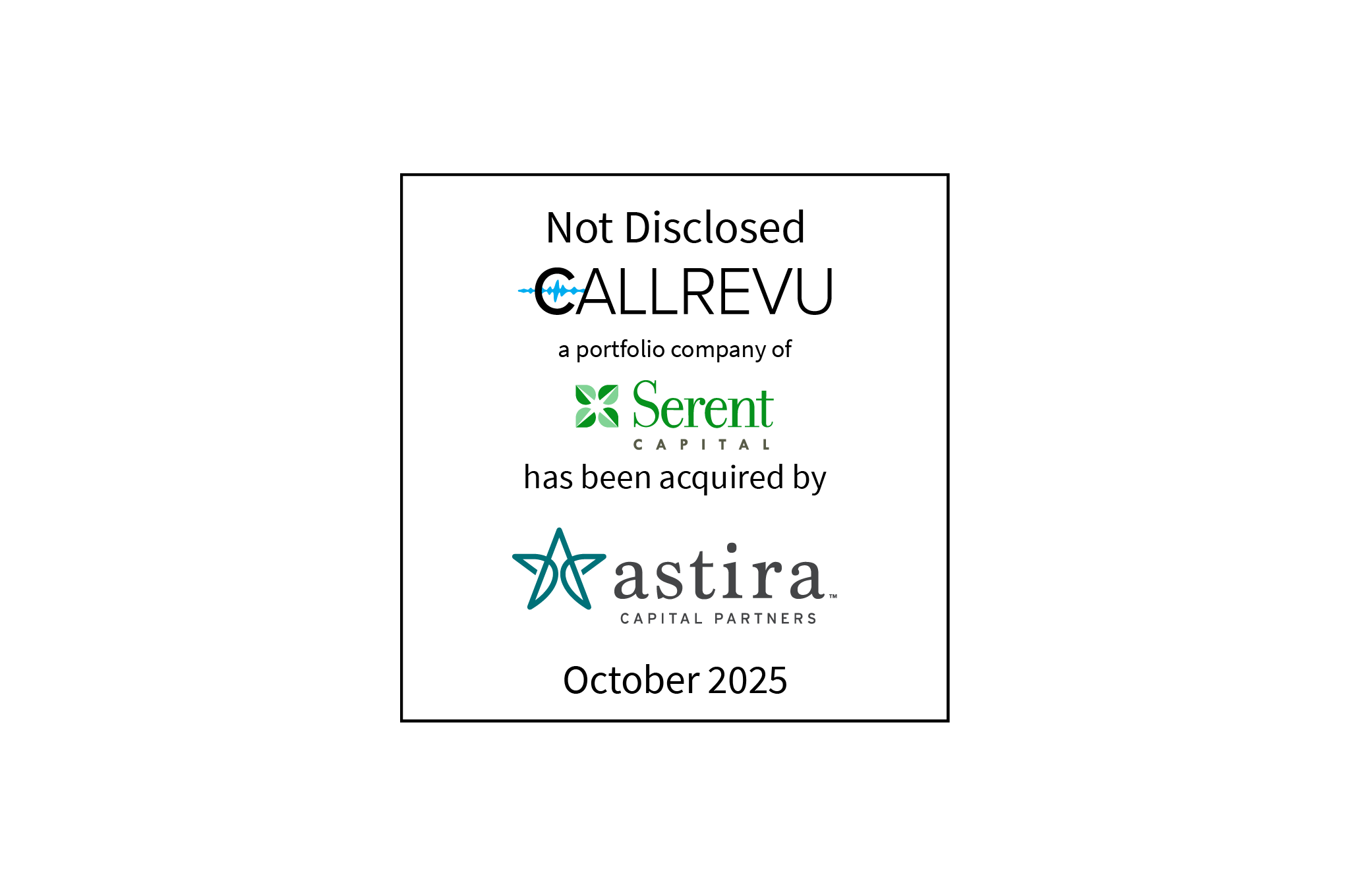 Not Disclosed | CallRevu (logo), a portfolio company of Serent Capital (logo), has been acquired by Astira Capital Partners (logo) | October 2025