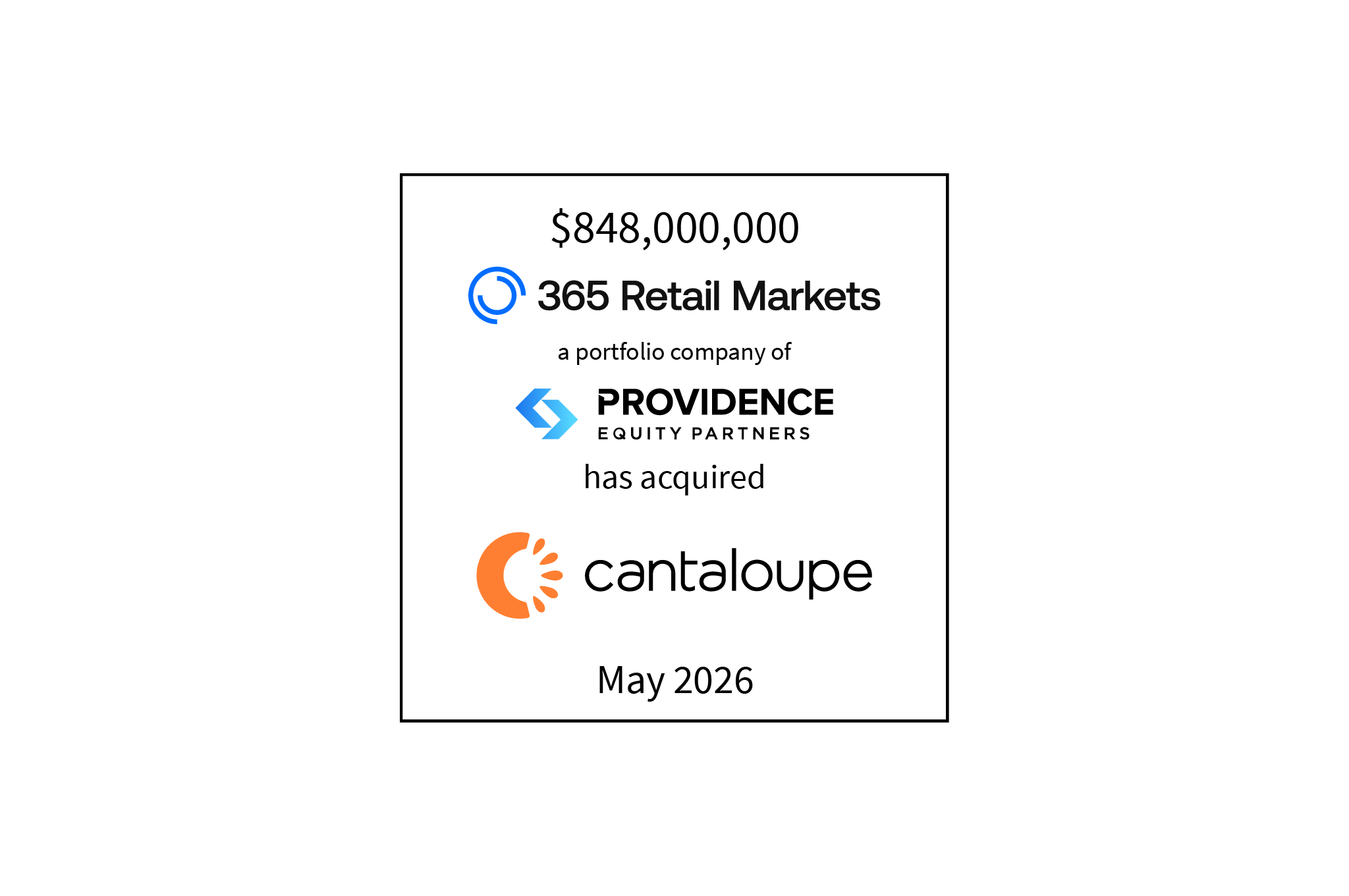 $848,000,000 | 365 Retail Markets (logo), a portfolio company of Providence Equity Partners (logo) has acquired Cantaloupe (logo) | May 2026