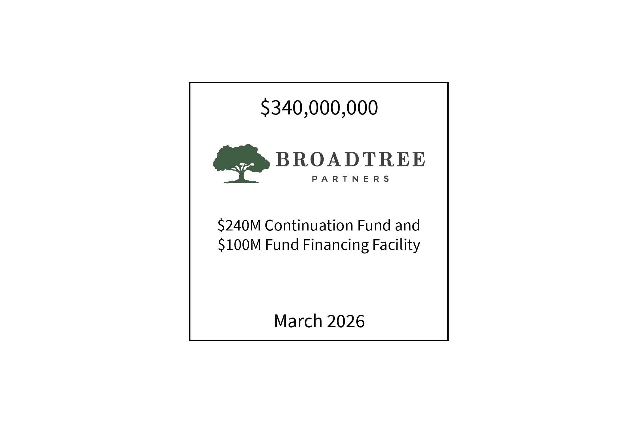 $340,000,000 | Broadtree Partners (logo) $240M Continuation Fund and a $100M Fund Financing Facility | March 2026
