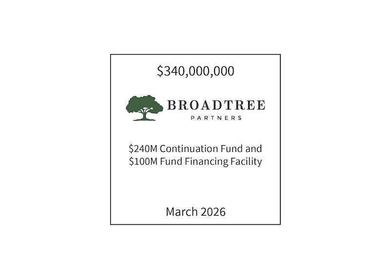 $340,000,000 | Broadtree Partners (logo) $240M Continuation Fund and $100M Fund Financing Facility | March 2026