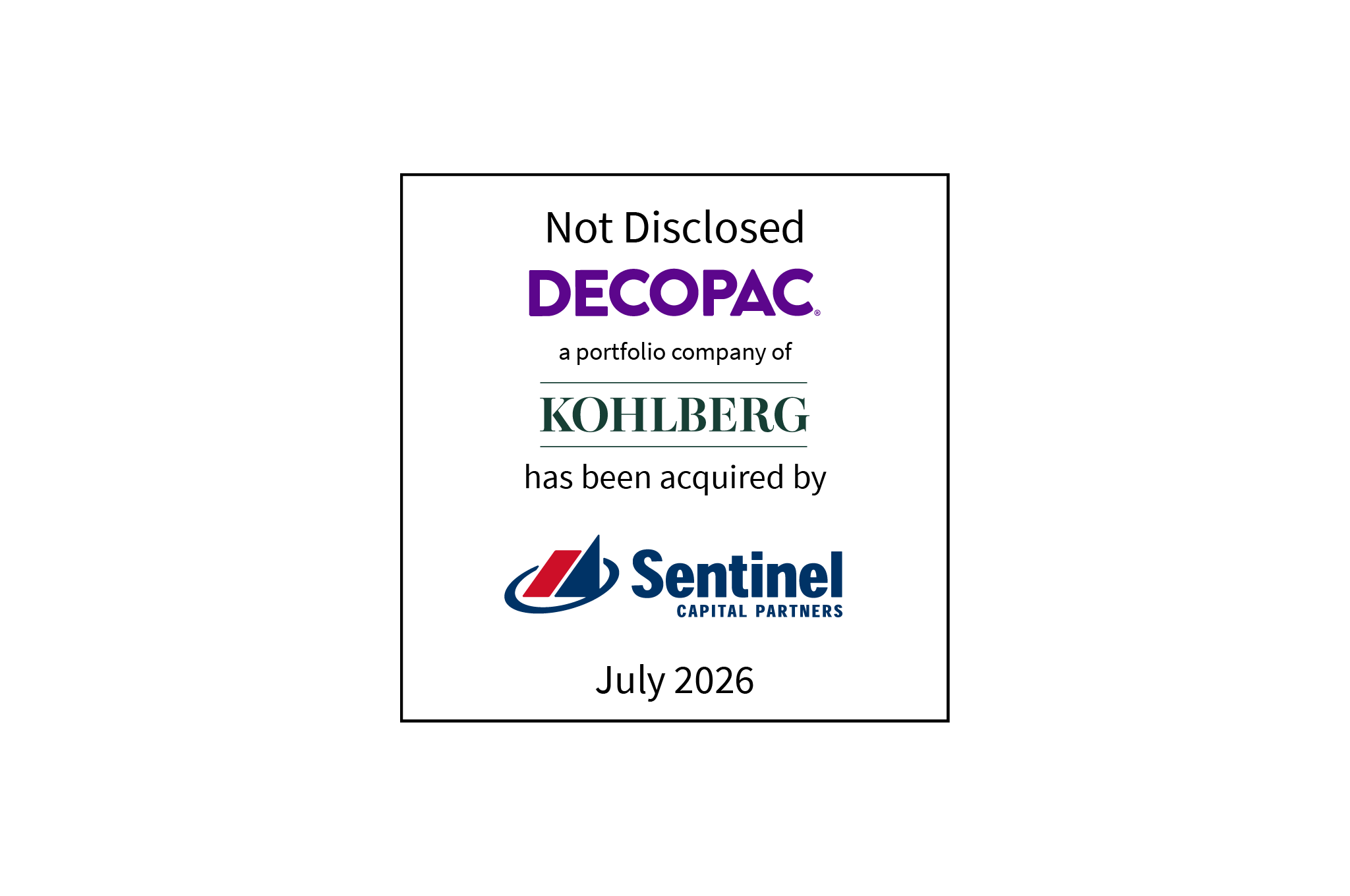 Not Disclosed | Decopac (logo), a portfolio company of Kohlberg (logo), has been acquired by Sentinel (logo) | July 2026