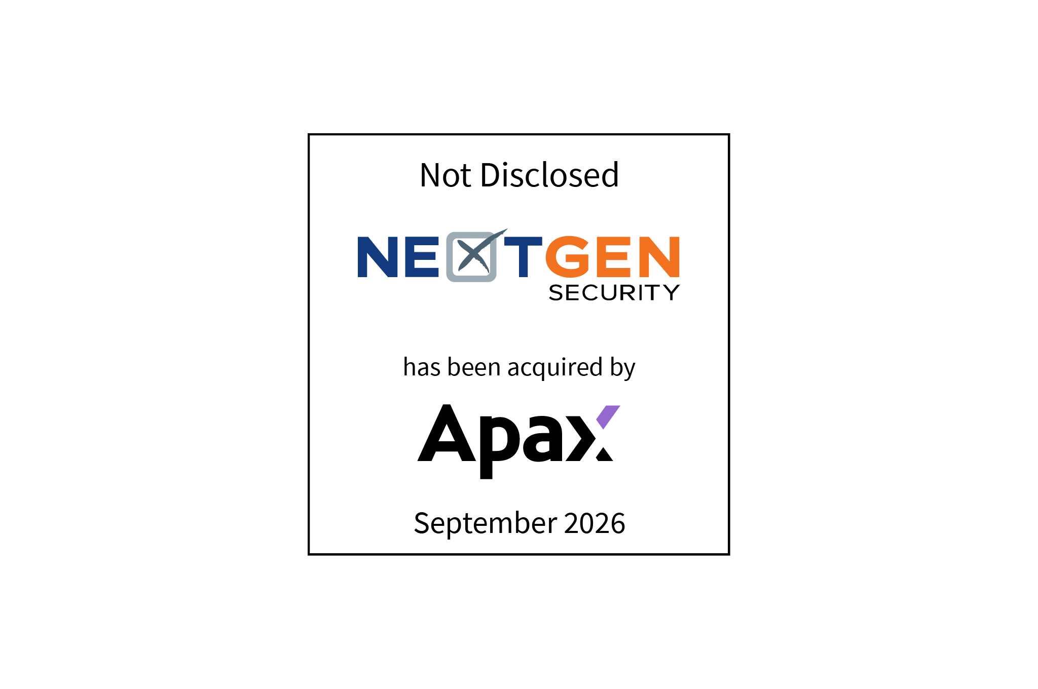 Not Disclosed | NextGen Security (logo) has been acquired by Apax Partners (logo) | September 2026