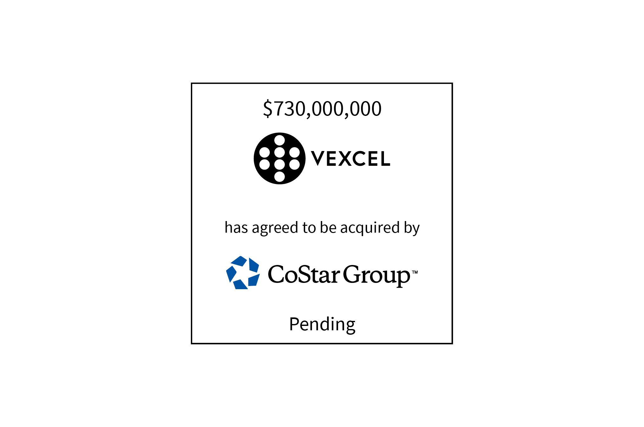 $730,000,000 | Vexcel (logo) has agreed to be zcquired by CoStar Group (logo) | Pending