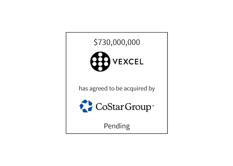 $730,000,000 | Vexcel (logo) has agreed to be zcquired by CoStar Group (logo) | Pending